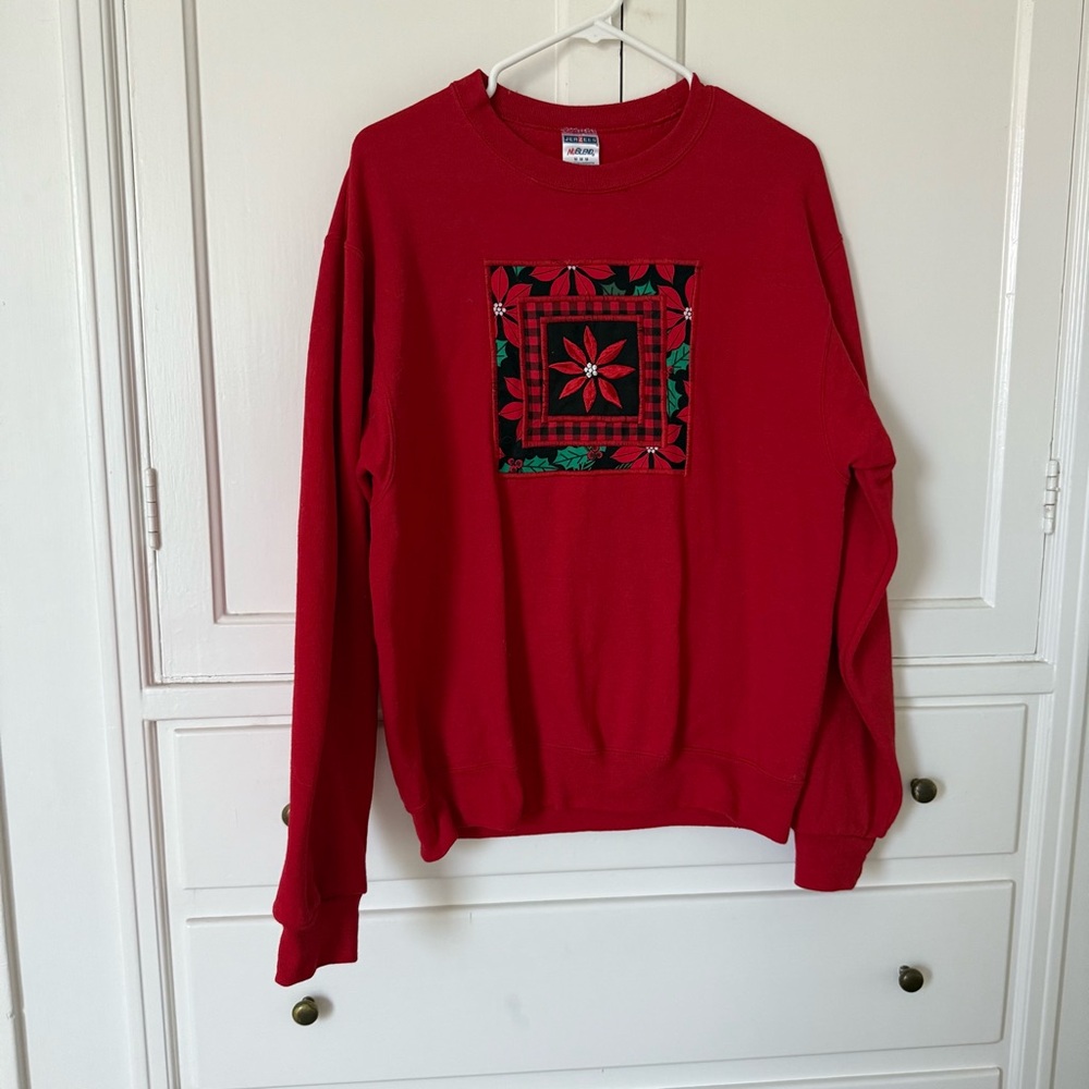 Jerzees Red Crewneck Sweater with Festive Graphic